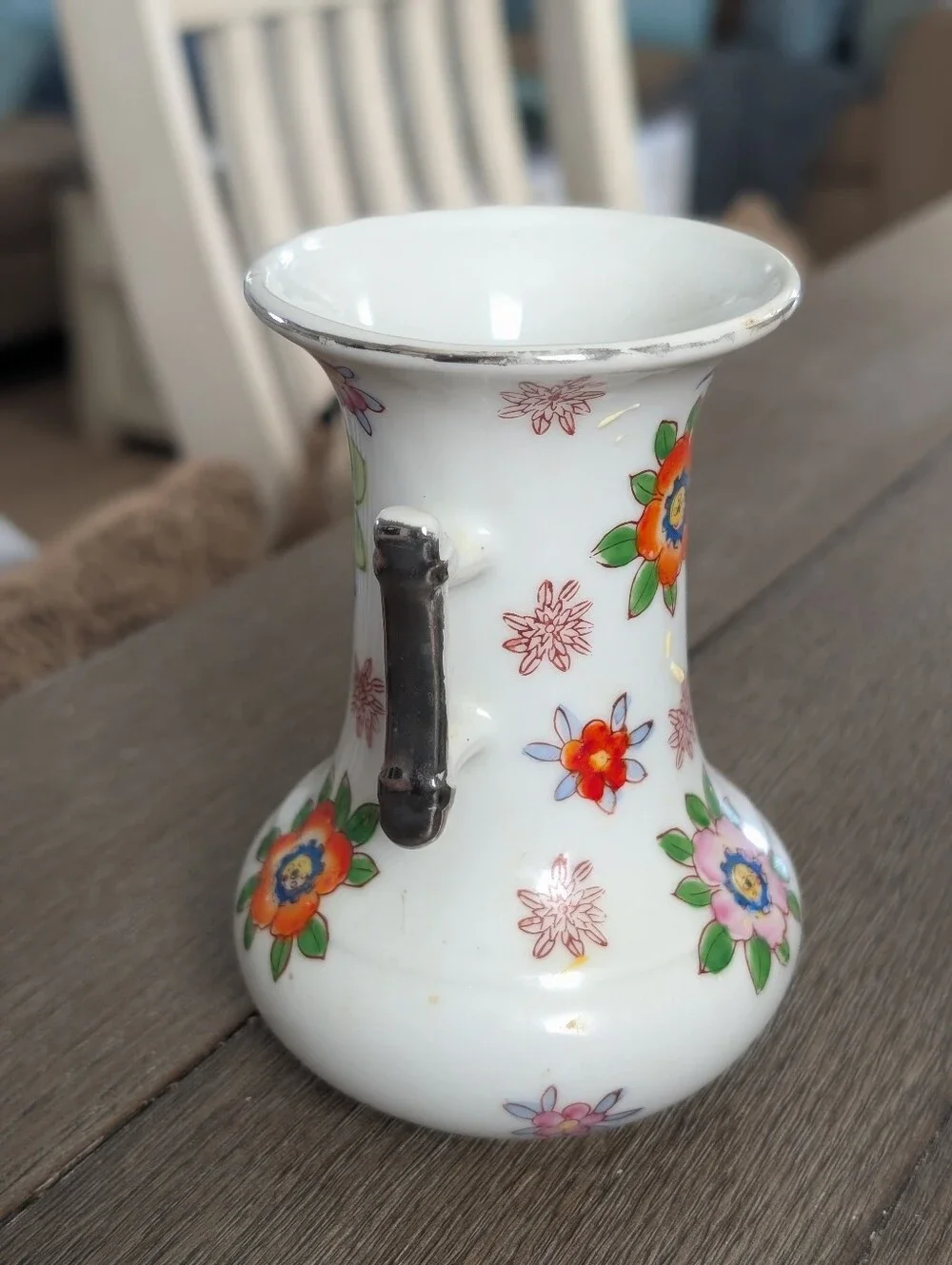 Red Letter Japan Porcelain, 2 Handled Vase , Hand Painted Floral Design
